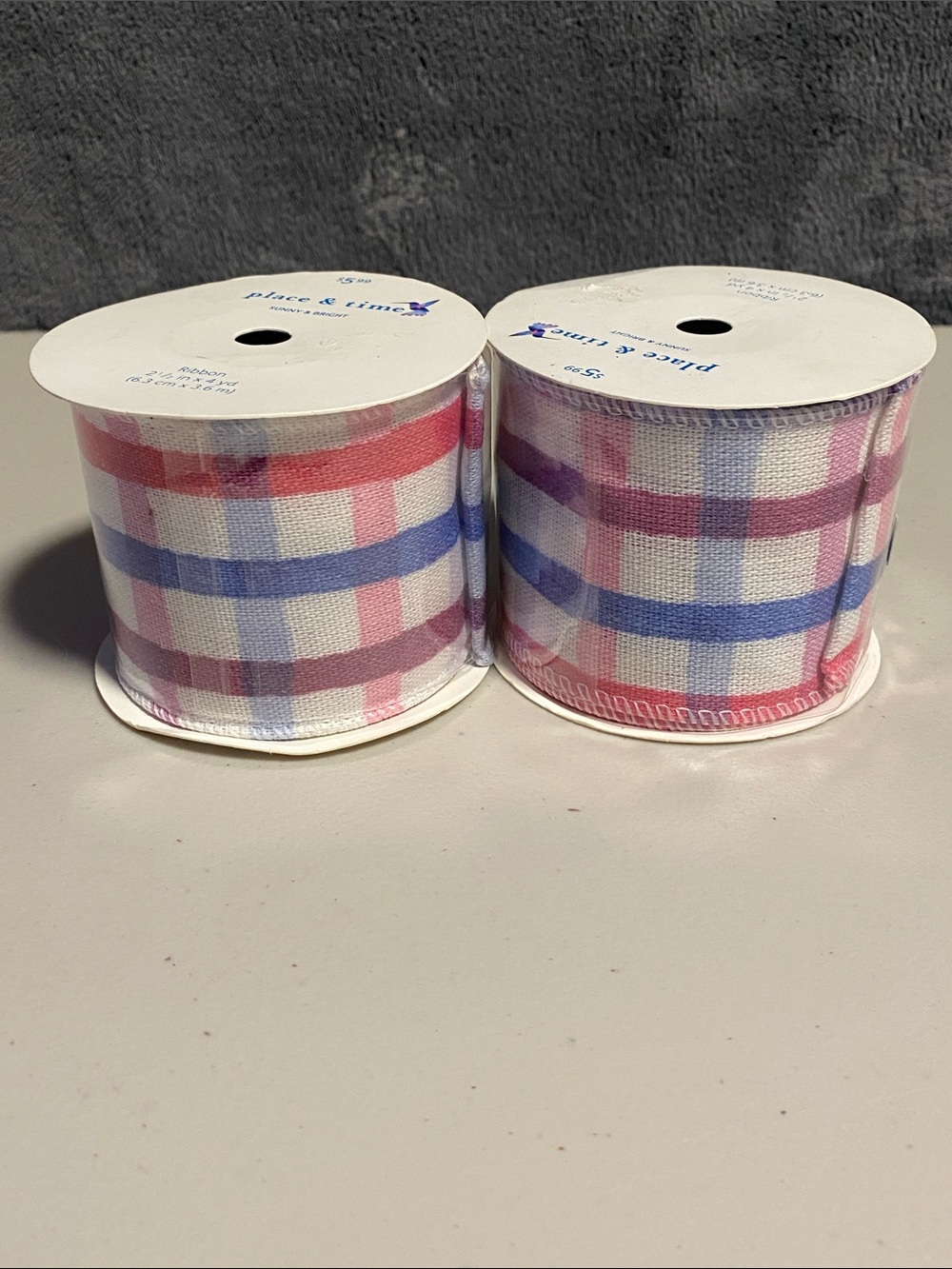 Set of 2 NWT Pink, Purple and Blue Plaid Ribbon Spools
